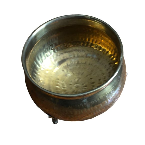 Vintage Hammered Brass Bowl Planter w Feet India Patina Cauldron 5"H 7" Diameter - Picture 5 of 12